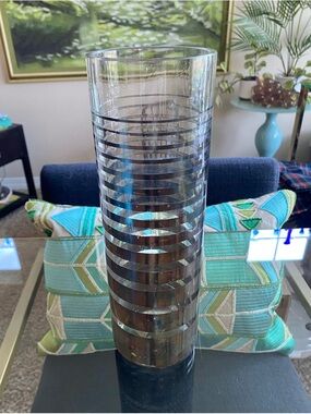 VTG Mid Century Clear Glass Tall Cylinder Vase w Silver Graduated Stripes 11”
